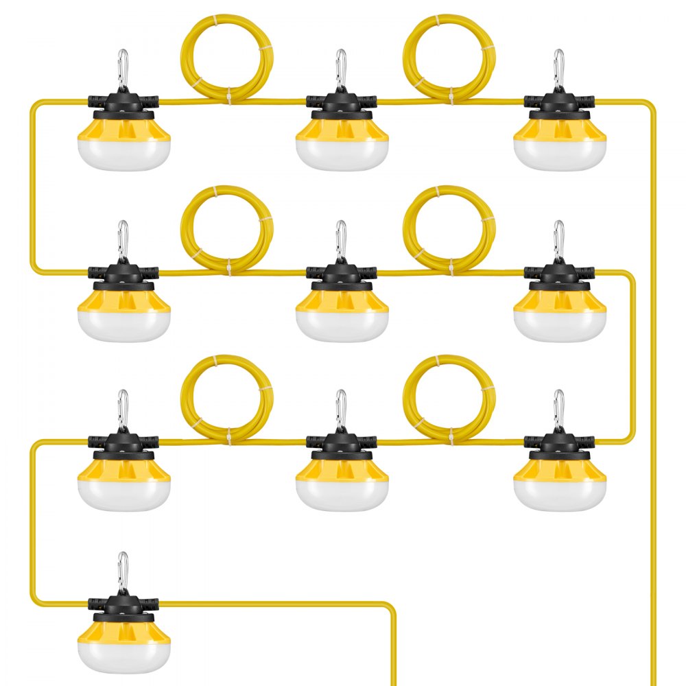 VEVOR 100FT Construction String Lights, 100W 10000LM, 10PCs String Work Light, 5000K, IP65 Waterproof, with Hanging Hooks, for Construction Site, Temporary Lighting Indoor & Outdoor, ETL Listed