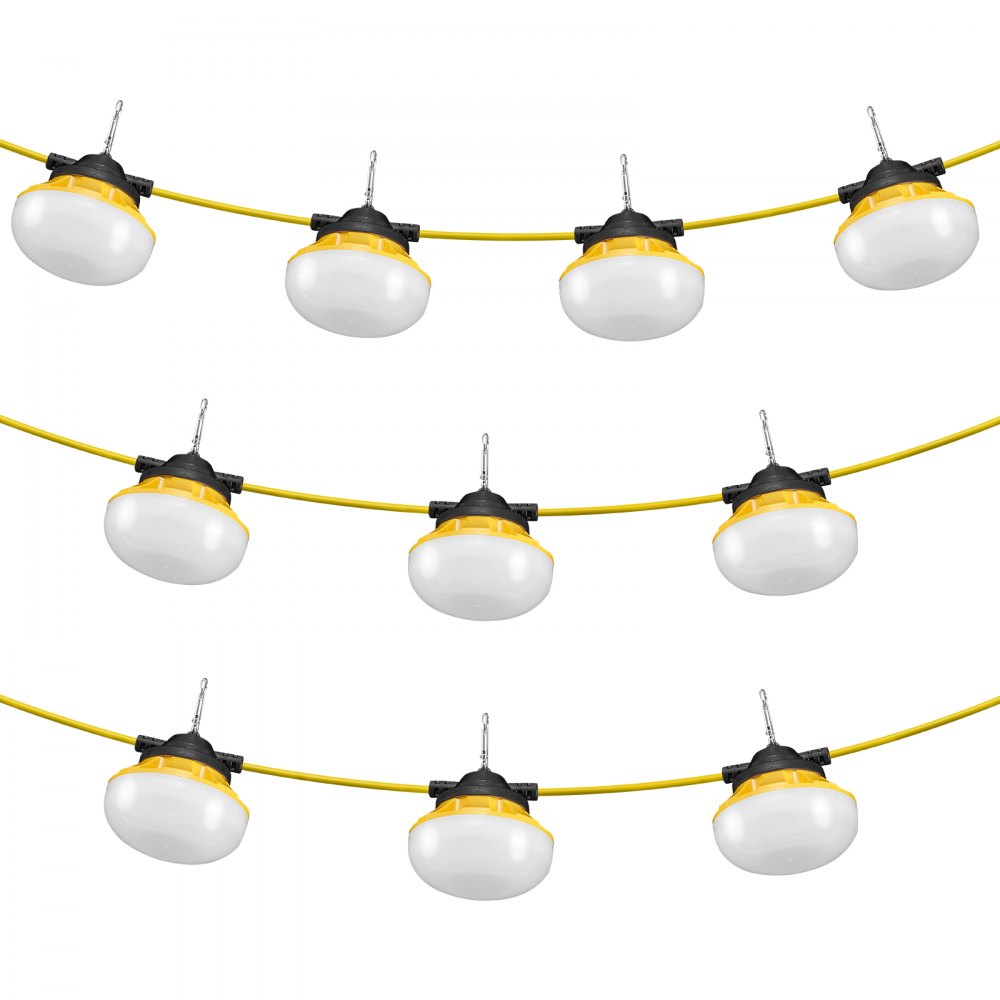 VEVOR 100FT Construction String Lights, 100W 10000LM, 10PCs String Work Light, 5000K, IP65 Waterproof, with Hanging Hooks, for Construction Site, Temporary Lighting Indoor & Outdoor, ETL Listed