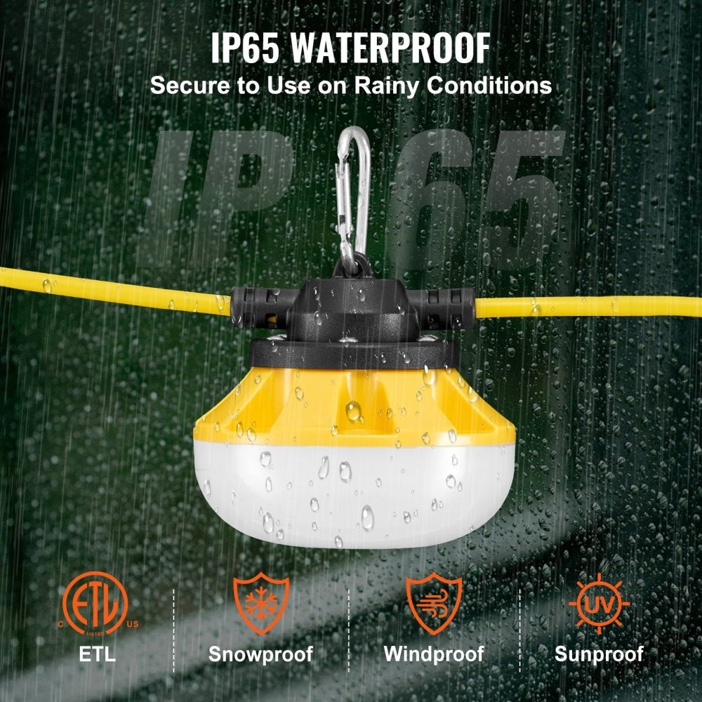 VEVOR 50FT Construction String Lights, 50W 5000LM, 5PCs String Work Light, 5000K Daylight & IP65 Waterproof, with Hanging Hooks, for Construction Site, Temporary Lighting Indoor & Outdoor, ETL Listed