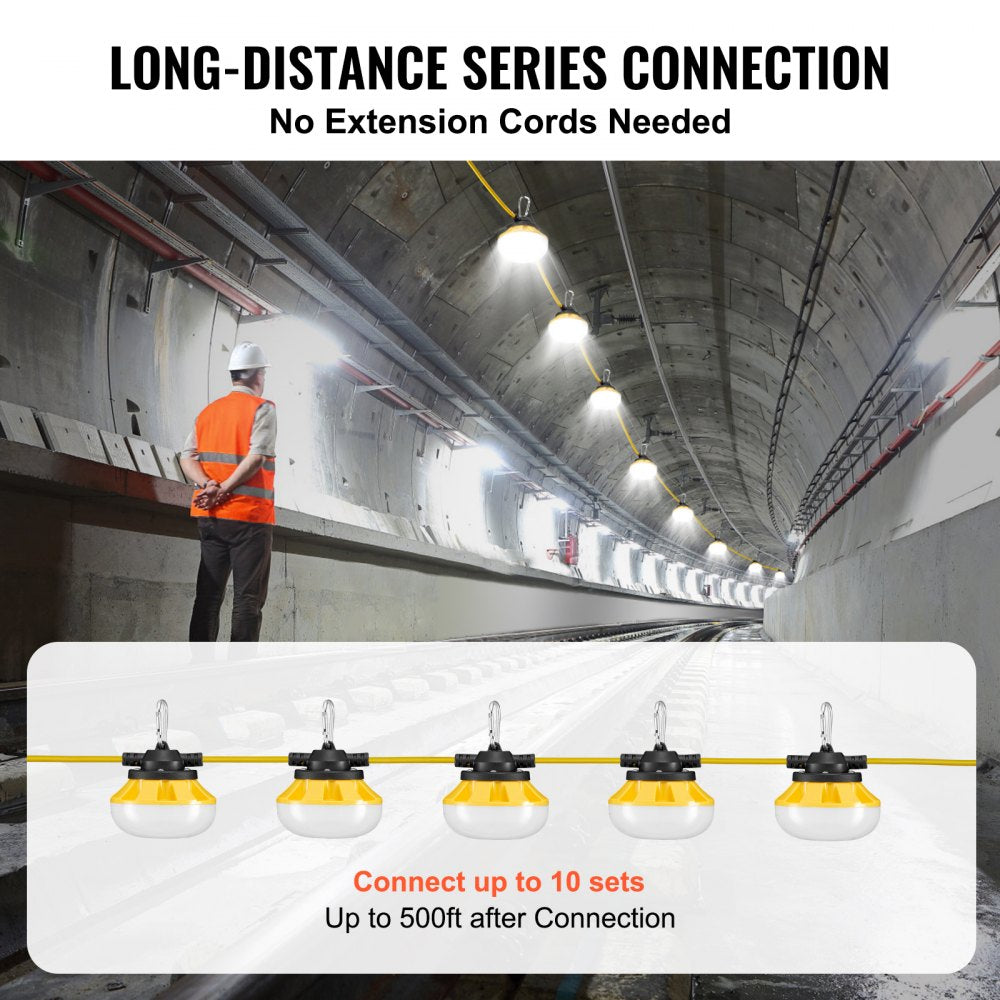 VEVOR 50FT Construction String Lights, 50W 5000LM, 5PCs String Work Light, 5000K Daylight & IP65 Waterproof, with Hanging Hooks, for Construction Site, Temporary Lighting Indoor & Outdoor, ETL Listed