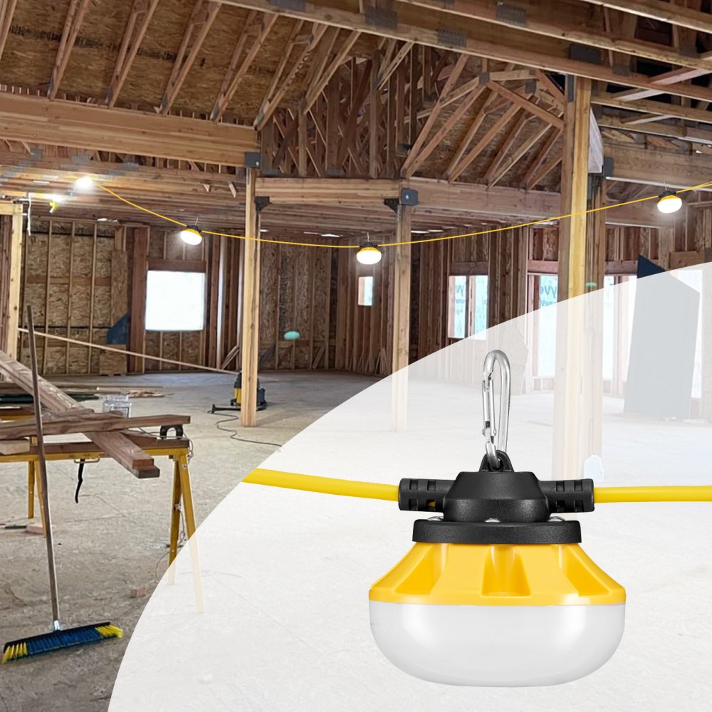 VEVOR 50FT Construction String Lights, 50W 5000LM, 5PCs String Work Light, 5000K Daylight & IP65 Waterproof, with Hanging Hooks, for Construction Site, Temporary Lighting Indoor & Outdoor, ETL Listed