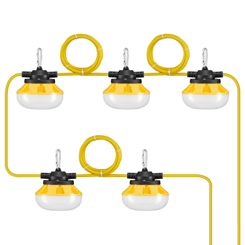 VEVOR 50FT Construction String Lights, 50W 5000LM, 5PCs String Work Light, 5000K Daylight & IP65 Waterproof, with Hanging Hooks, for Construction Site, Temporary Lighting Indoor & Outdoor, ETL Listed