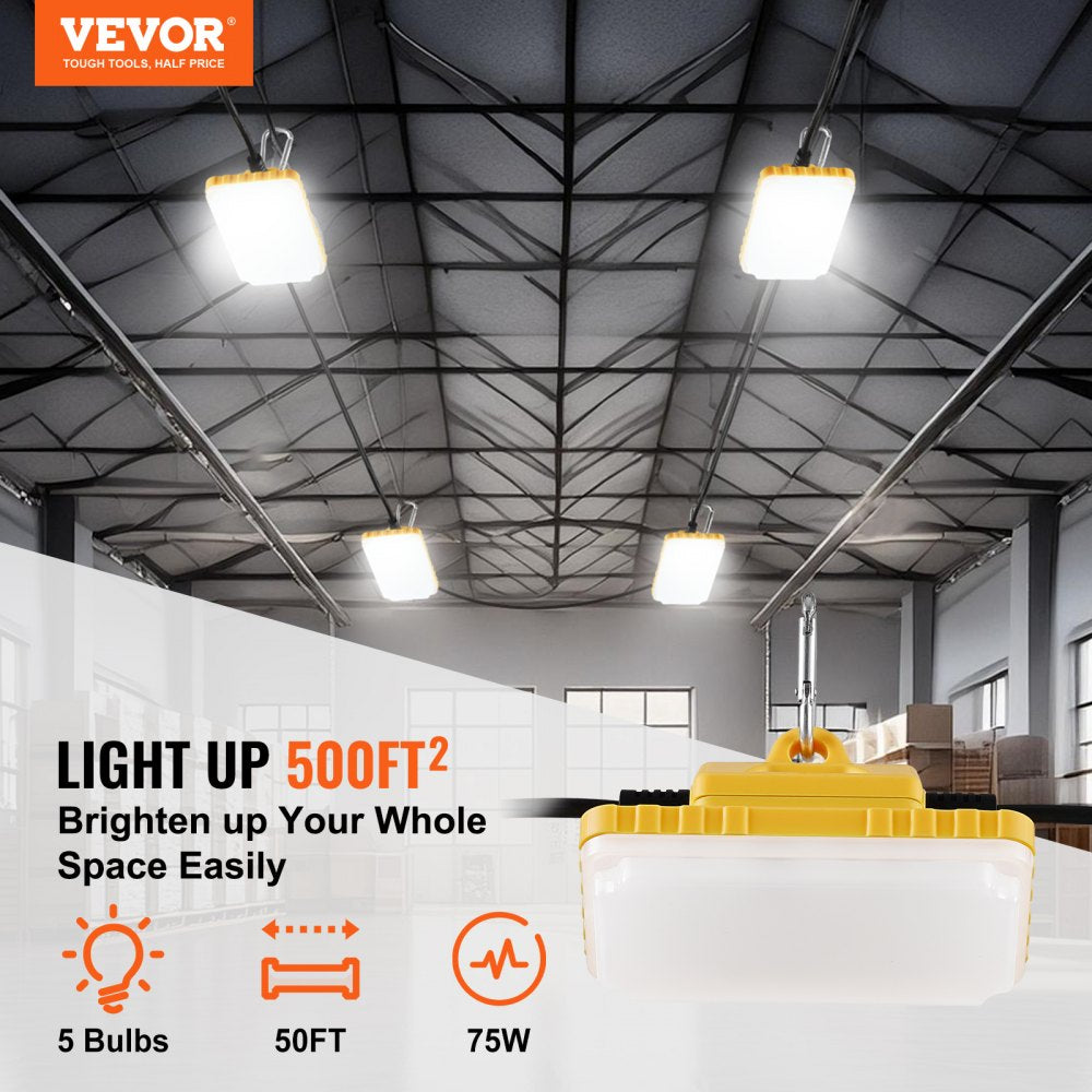 VEVOR 50FT Construction String Lights, 75W 7500LM, 5PCs String Work Light, 5000-5500K, IP65 Waterproof, with Hanging Hooks, for Construction Site, Temporary Lighting Indoor & Outdoor, ETL Listed