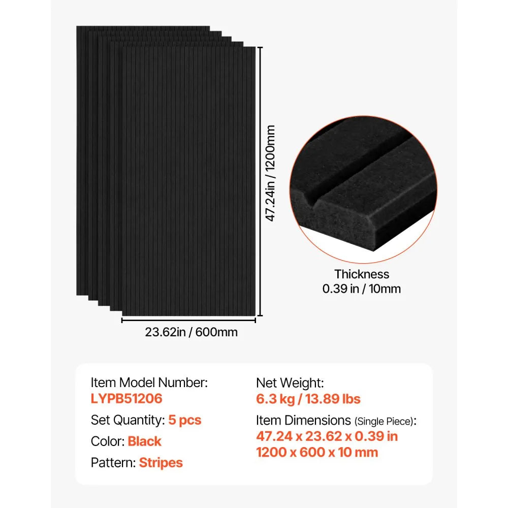 VEVOR 5 Pack Acoustic Panels with Self Adhesive, 47.2 x 23.6 x 0.4 inch Sound Proof Foam Panels, Polyester Fiber Soundproof Wall Panels High Density, for Home, Studio, Office, Theater, Black