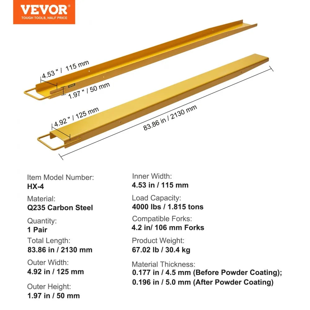 VEVOR Pallet Fork Extensions, 84" Length 4.5" Width, Heavy Duty Carbon Steel Fork Extensions for Forklifts, 1 Pair Forklift Extensions, Industrial Forklift Fork Attachments for Forklift Truck, Yellow