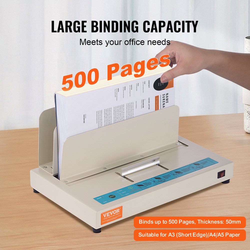 VEVOR Thermal Binding Machine, 500 Sheets Capacity Book Binding Machine, Thermal Book Binder 50mm Binding Thickness A3(Short Edge)/A4/A5 Document, with Infrared Optical Detection