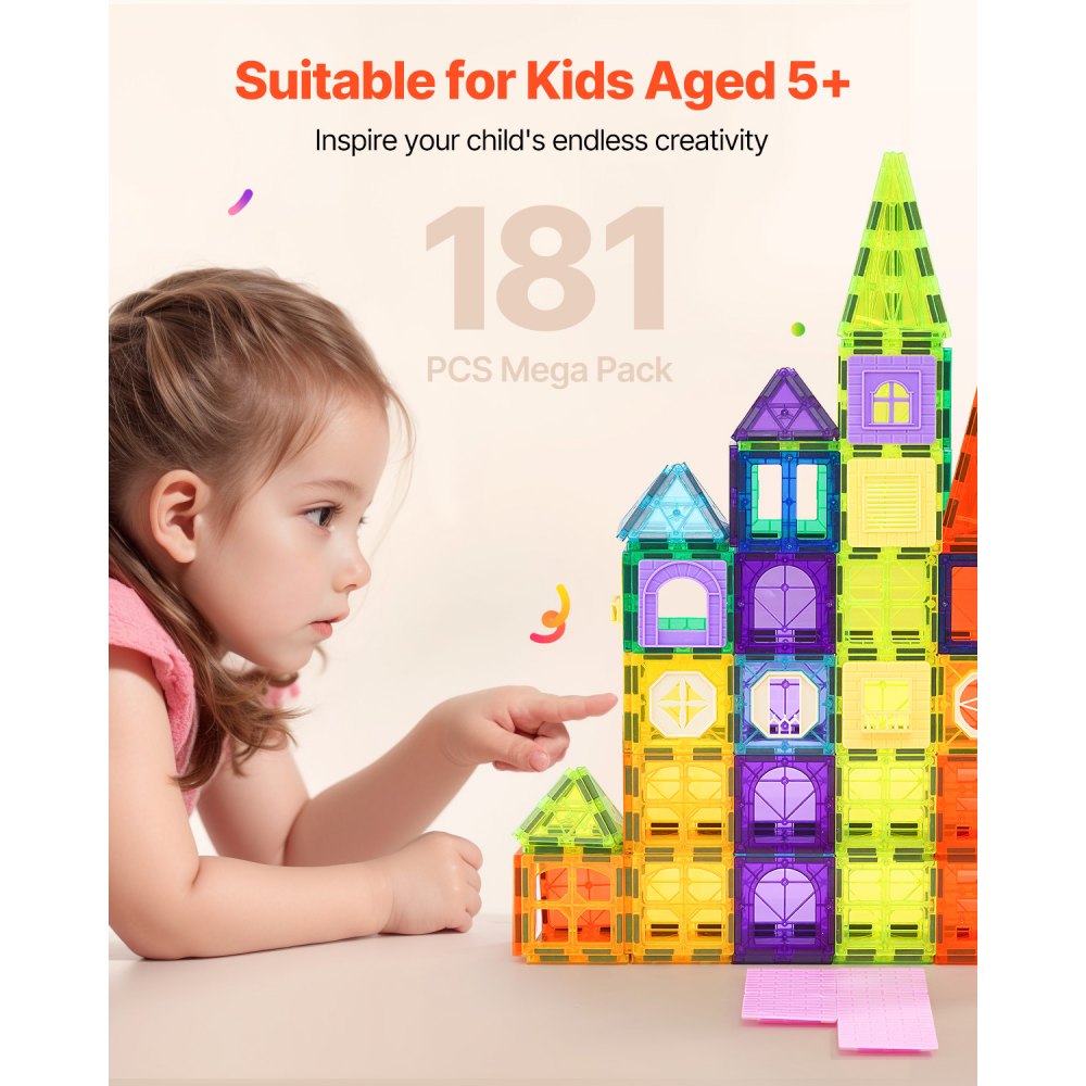 VEVOR Magnetic Tiles, 181 PCS Magnetic Building Blocks for Kids, Magnet Building Set with Car Bases/Ferris Wheel/Letter & Digital Cards, STEM Construction Stacking Toys for Toddlers Boys Girls Aged 5+