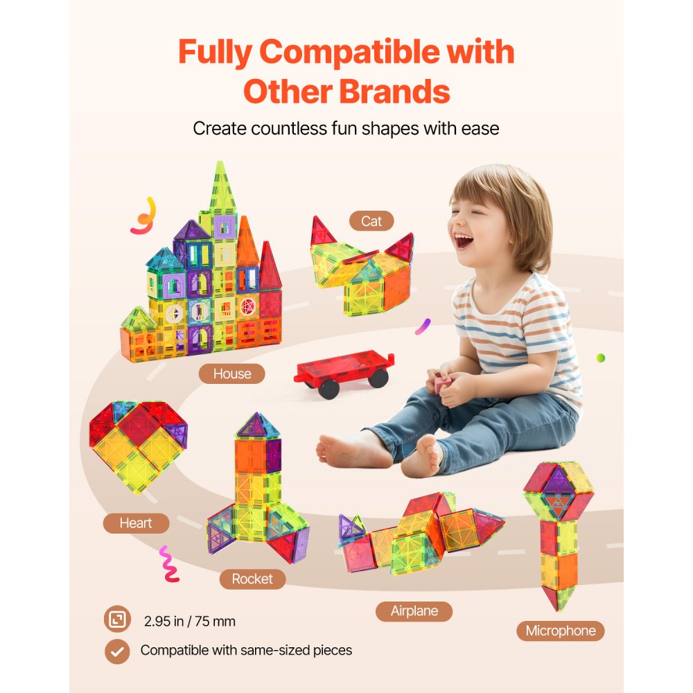 VEVOR Magnetic Tiles, 181 PCS Magnetic Building Blocks for Kids, Magnet Building Set with Car Bases/Ferris Wheel/Letter & Digital Cards, STEM Construction Stacking Toys for Toddlers Boys Girls Aged 5+