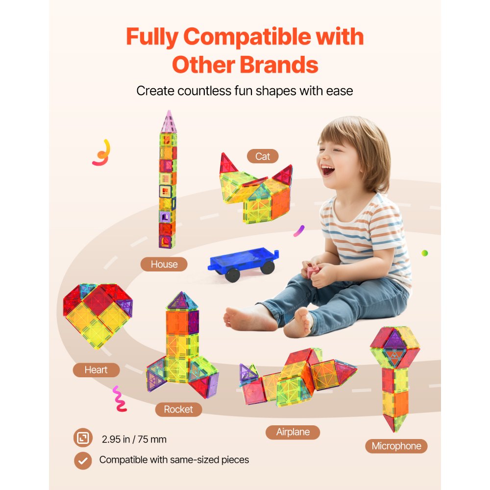 VEVOR Magnetic Tiles, 121 PCS Magnetic Building Blocks for Kids, Magnet Building Set with 2 Car Bases & 26 Digital Cards, STEM Educational Construction Stacking Toys for Toddlers Boys Girls Aged 5+