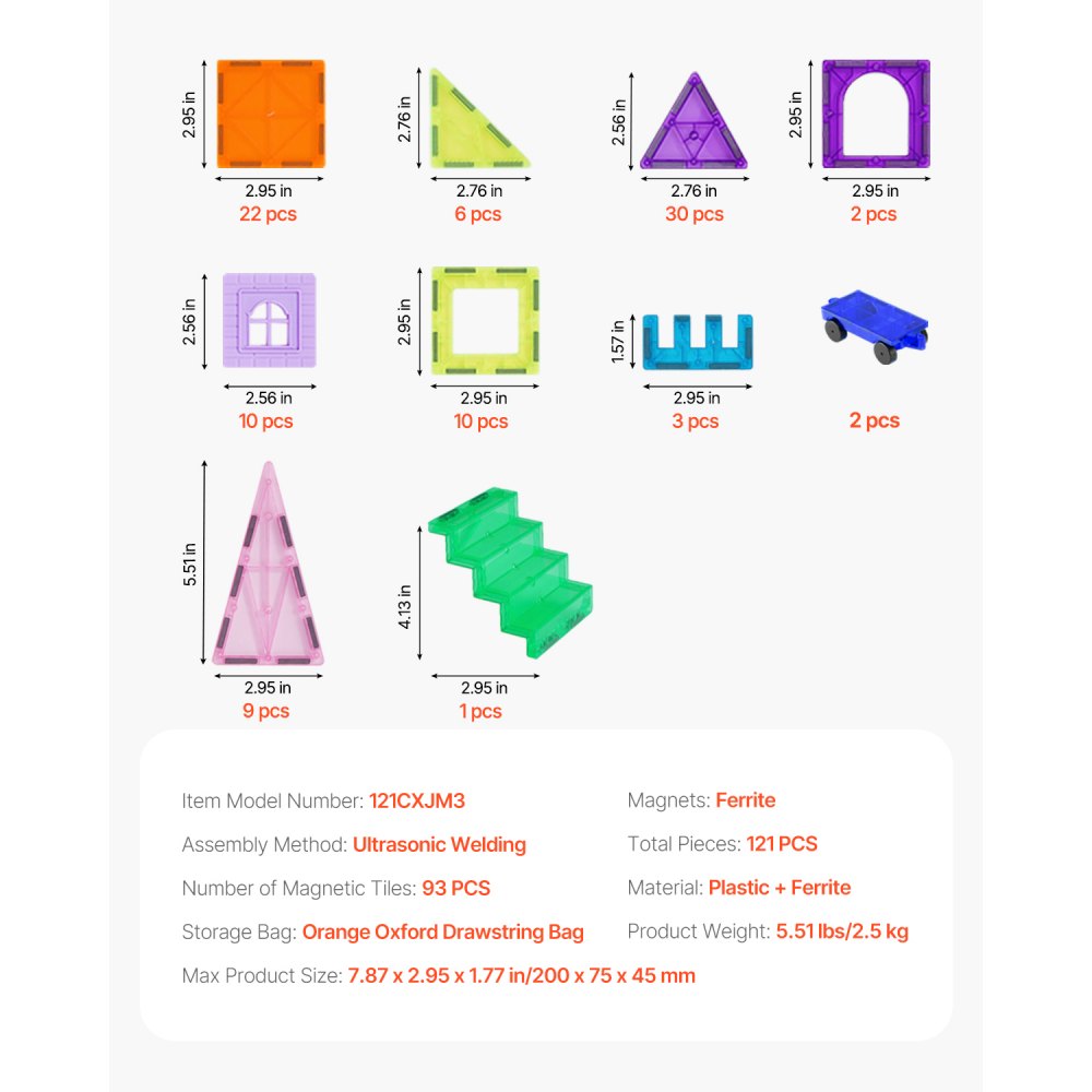 VEVOR Magnetic Tiles, 121 PCS Magnetic Building Blocks for Kids, Magnet Building Set with 2 Car Bases & 26 Digital Cards, STEM Educational Construction Stacking Toys for Toddlers Boys Girls Aged 5+