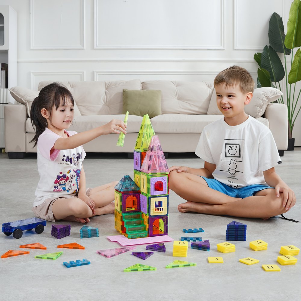 VEVOR Magnetic Tiles, 121 PCS Magnetic Building Blocks for Kids, Magnet Building Set with 2 Car Bases & 26 Digital Cards, STEM Educational Construction Stacking Toys for Toddlers Boys Girls Aged 5+