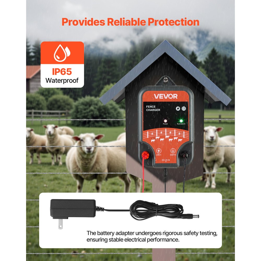 VEVOR Electric Fence Charger, 10kV 2J, AC DC Electric Fence Energizer with LED Indicator, 1.86 Miles Range, Powerful Plug-in Fences Charger, Prevents Wild Animals Intrusion for Livestock Poultry