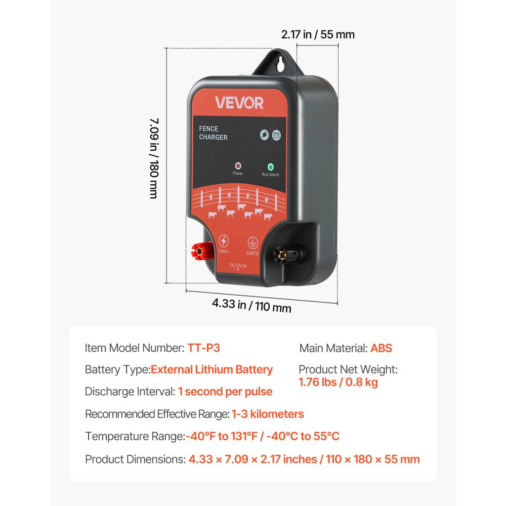 VEVOR Electric Fence Charger, 10kV 2J, AC DC Electric Fence Energizer with LED Indicator, 1.86 Miles Range, Powerful Plug-in Fences Charger, Prevents Wild Animals Intrusion for Livestock Poultry