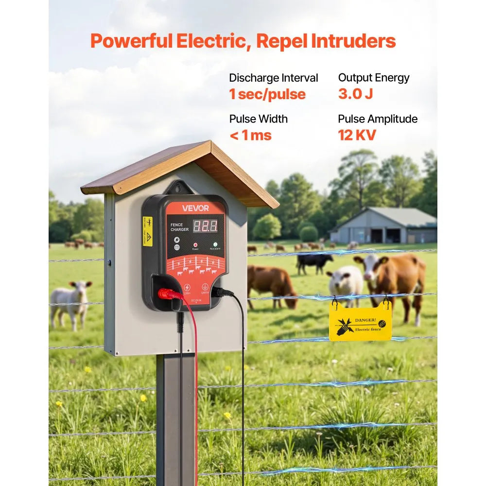 VEVOR Electric Fence Charger, 10kV 3J, AC DC Electric Fence Energizer with LED Indicator, 1.86 Miles Range, Powerful Plug-in Fences Charger, Prevents Wild Animals Intrusion for Livestock Poultry