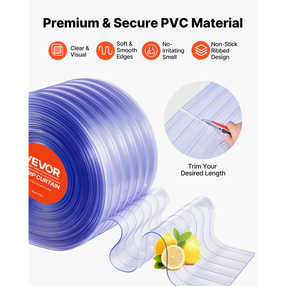 VEVOR Clear PVC Strip Curtain, 101 ft Length x 12 in Width, Ribbed Plastic Door Strip Bulk Roll, Walk in Freezer Cooler Curtain Strips for Doorways of Supermarket, Garage, Warehouse, Pet Animal House