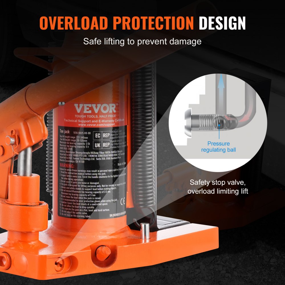 VEVOR Hydraulic Toe Jack, 2.5 Ton On Toe Toe Jack Lift, 5 Ton On Top Lift Capacity Machine Jack, 0.8-5.3 in Toe Height, 8.9-13.4 in Top Height, Air Hydraulic Claw Jack for Machinery, Industry