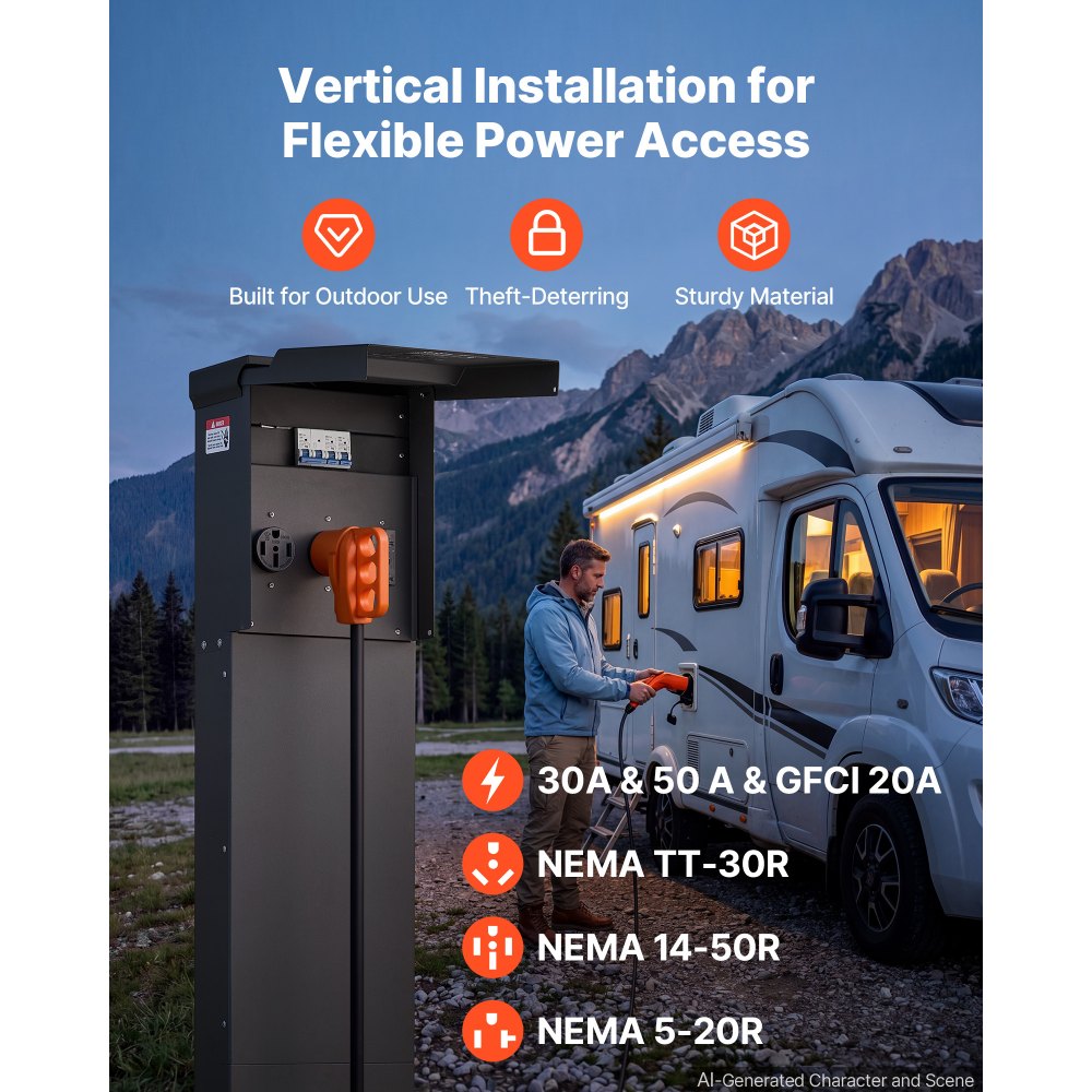 VEVOR Direct Burial Unmetered Pedestal Mount RV Power Outlet 50/30/20 Amp, for RV Hookup Camper Travel Trailer EV Electric Car, Electrical Outlet Panel with Breaker, NEMA 3R Weatherproof Enclosure