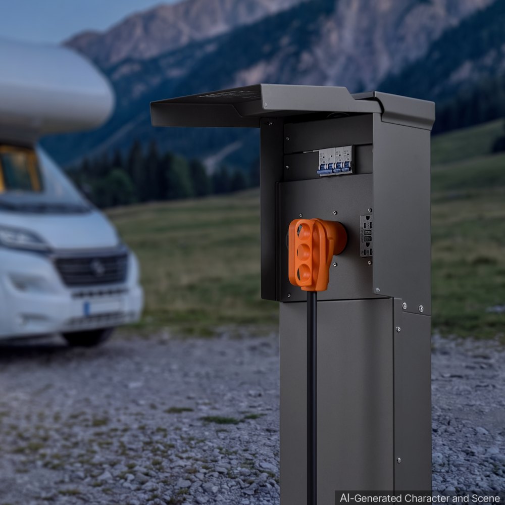 VEVOR Direct Burial Unmetered Pedestal Mount RV Power Outlet 50/30/20 Amp, for RV Hookup Camper Travel Trailer EV Electric Car, Electrical Outlet Panel with Breaker, NEMA 3R Weatherproof Enclosure