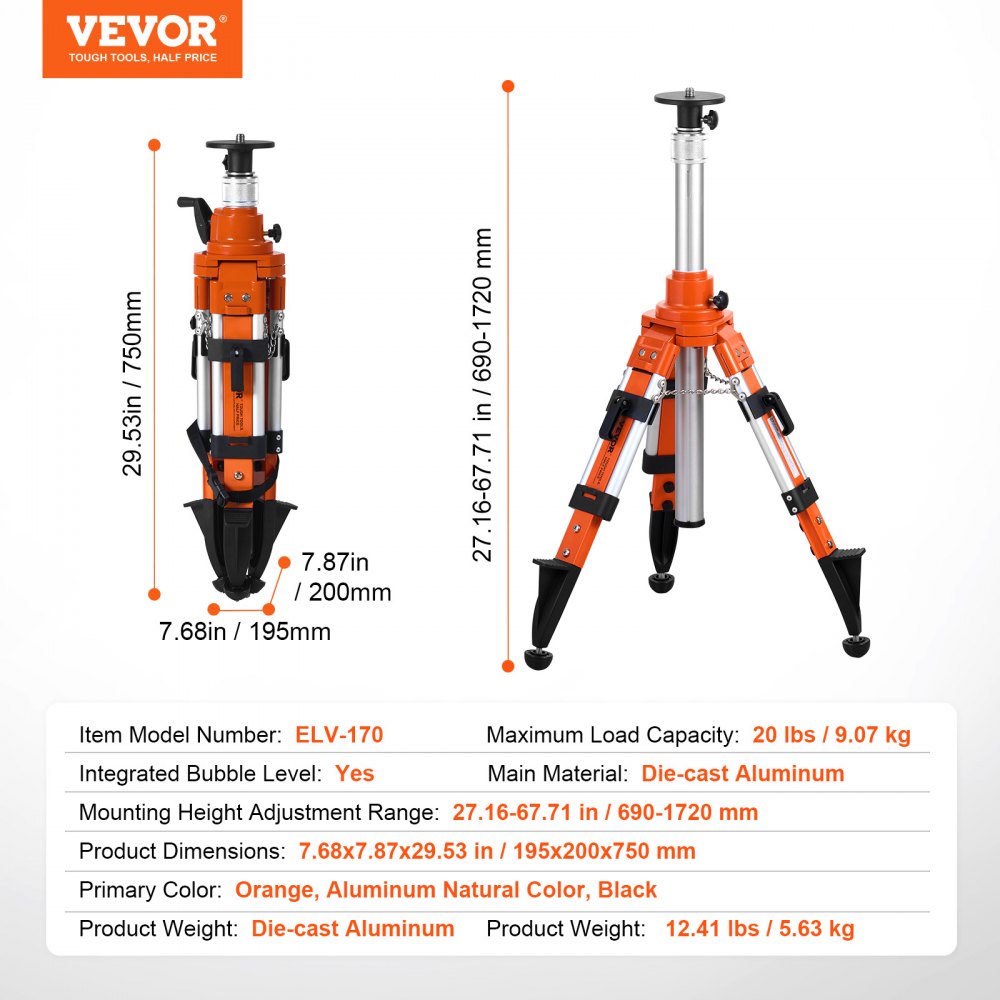 VEVOR Laser Level Tripod Stand, 5/8"-11 Thread Mount, 27.16-67.71 inch Height Adjustment Heavy Duty Survey Tripod, with Level Bubble & Diffusion Limiter , Liftable Non-Skid Feet for Construction