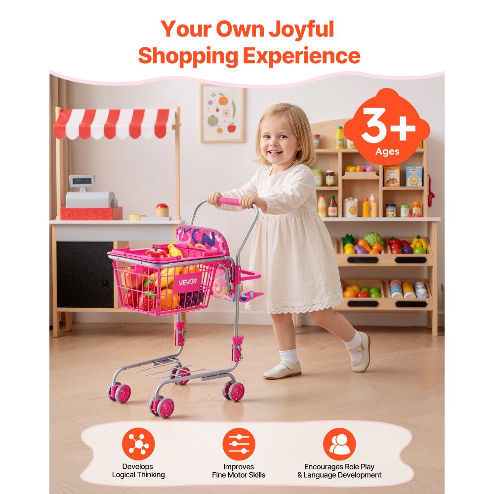 VEVOR Shopping Cart for Kids, Sturdy Metal Frame, Toy Shopping Cart with Baby Doll, 4 Rolling Wheels, Doll Seat Carrier, Grocery Pretend Play Toy Trolley, Folds for Easy Storage, for Toddlers Ages 3+