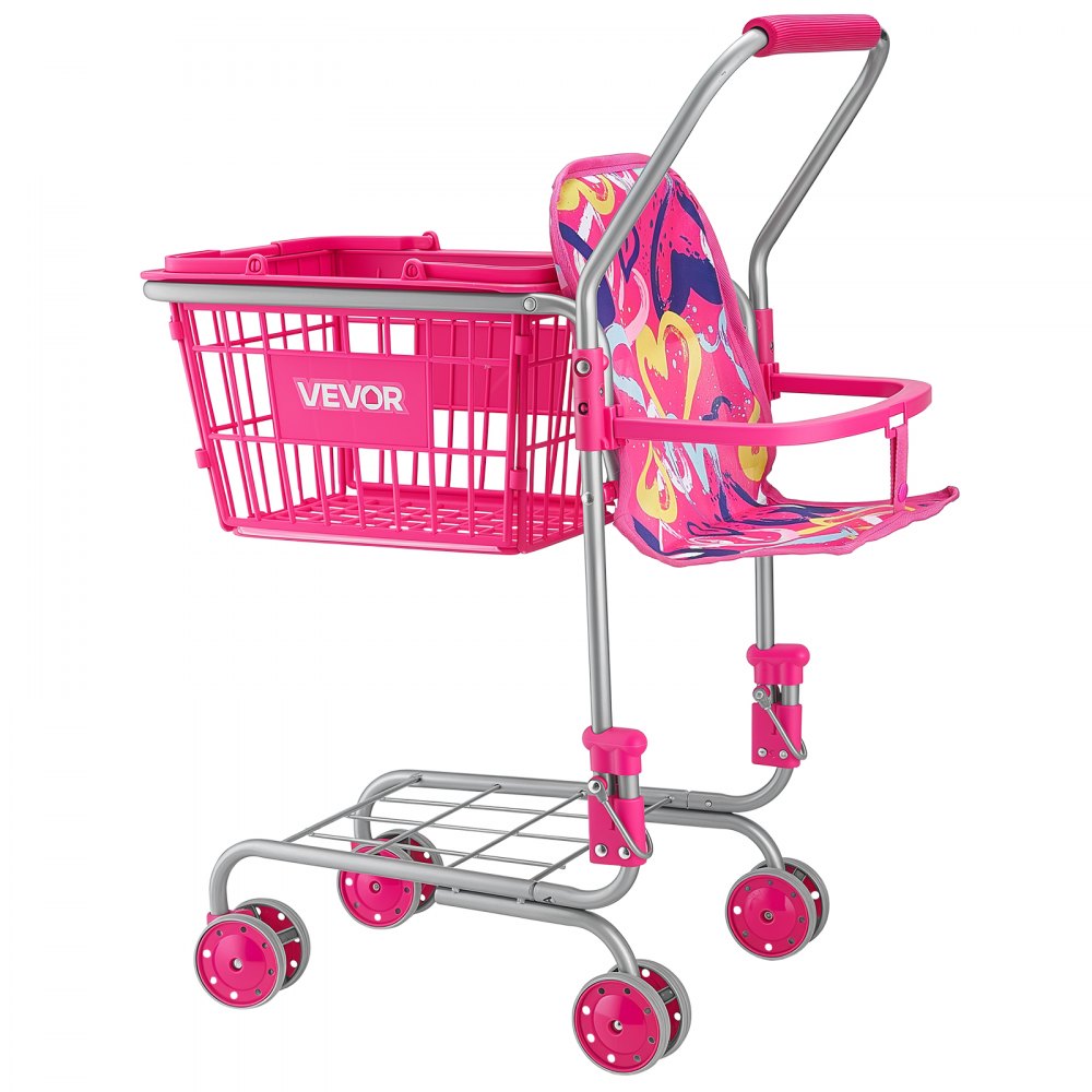 VEVOR Shopping Cart for Kids, Sturdy Metal Frame, Toy Shopping Cart with Baby Doll, 4 Rolling Wheels, Doll Seat Carrier, Grocery Pretend Play Toy Trolley, Folds for Easy Storage, for Toddlers Ages 3+