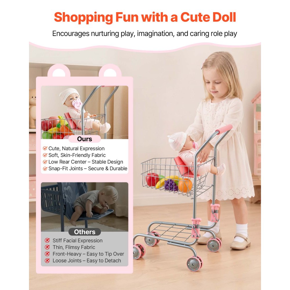 VEVOR Shopping Cart for Kids, Sturdy Metal Frame, Grocery Store Pretend Play Toy Cart with Baby Doll, Rolling Wheels, Basket, Toy Shopping Trolley, Folds for Easy Storage, for Kids & Toddlers Ages 3+