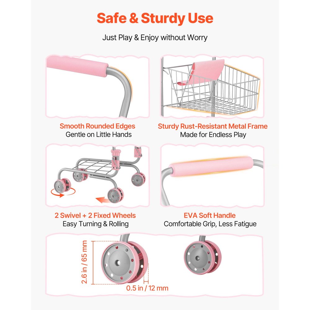 VEVOR Shopping Cart for Kids, Sturdy Metal Frame, Grocery Store Pretend Play Toy Cart with Baby Doll, Rolling Wheels, Basket, Toy Shopping Trolley, Folds for Easy Storage, for Kids & Toddlers Ages 3+