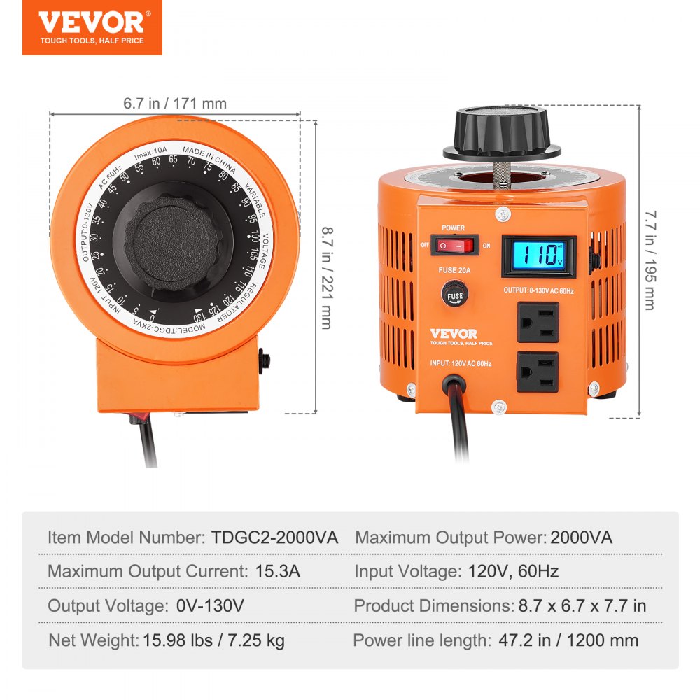 VEVOR 2000VA Auto Variable Voltage Transformer, 15.3 Amp, 110V Input 0-130V Output AC Voltage Regulator, with LCD Display 4 Extra Fuses Thermal Control Switch for Home Industrial Office