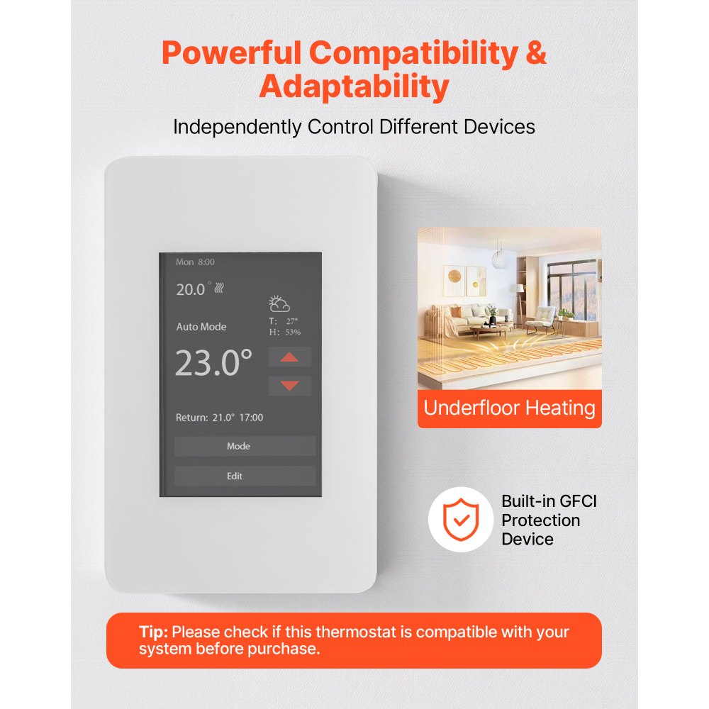 VEVOR 7-Day Programmable Thermostat, Home Thermostats for Radiant Underfloor Heating Cable,Heat Pump with GFCI & Sensitive Sensor,TFT Color Display Touchscreen,Efficient,Gray-White (Without Wifi)