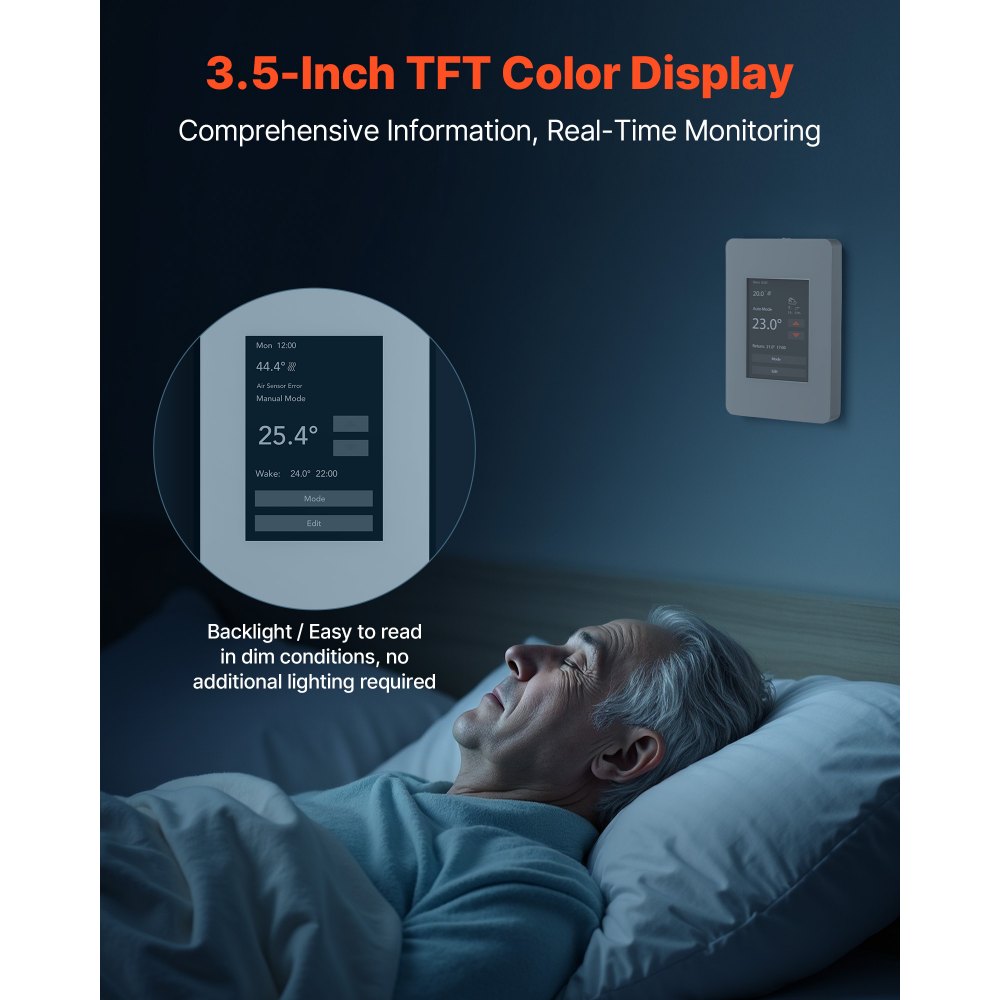VEVOR 7-Day Programmable Thermostat, Home Thermostats for Radiant Underfloor Heating Cable,Heat Pump with GFCI & Sensitive Sensor,TFT Color Display Touchscreen,Efficient,Gray-White (Without Wifi)