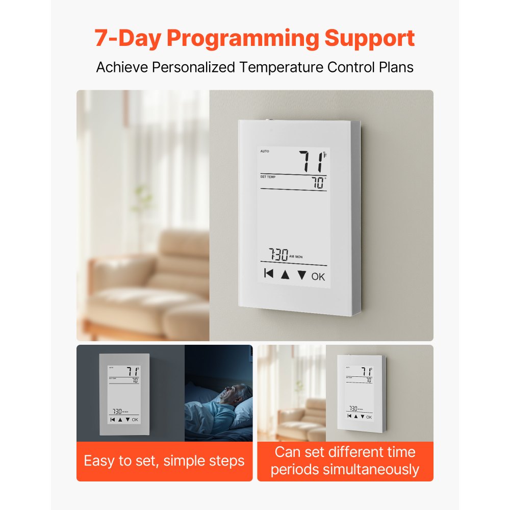 VEVOR 7-Day Programmable Thermostat, Home Thermostats for Radiant Underfloor Heating Cable, Heat Pump, with GFCI & Sensitive Sensor, LCD Touchscreen, Energy-Efficient, Gray-White  (Without Wifi)