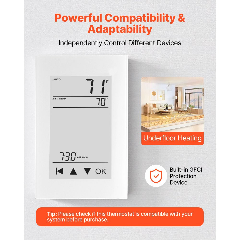 VEVOR 7-Day Programmable Thermostat, Home Thermostats for Radiant Underfloor Heating Cable, Heat Pump, with GFCI & Sensitive Sensor, LCD Touchscreen, Energy-Efficient, Gray-White  (Without Wifi)