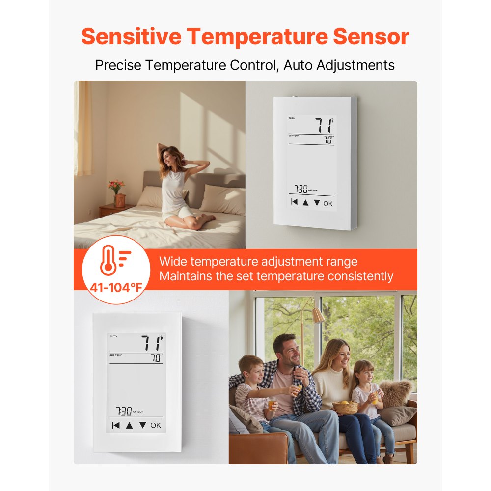 VEVOR 7-Day Programmable Thermostat, Home Thermostats for Radiant Underfloor Heating Cable, Heat Pump, with GFCI & Sensitive Sensor, LCD Touchscreen, Energy-Efficient, Gray-White  (Without Wifi)