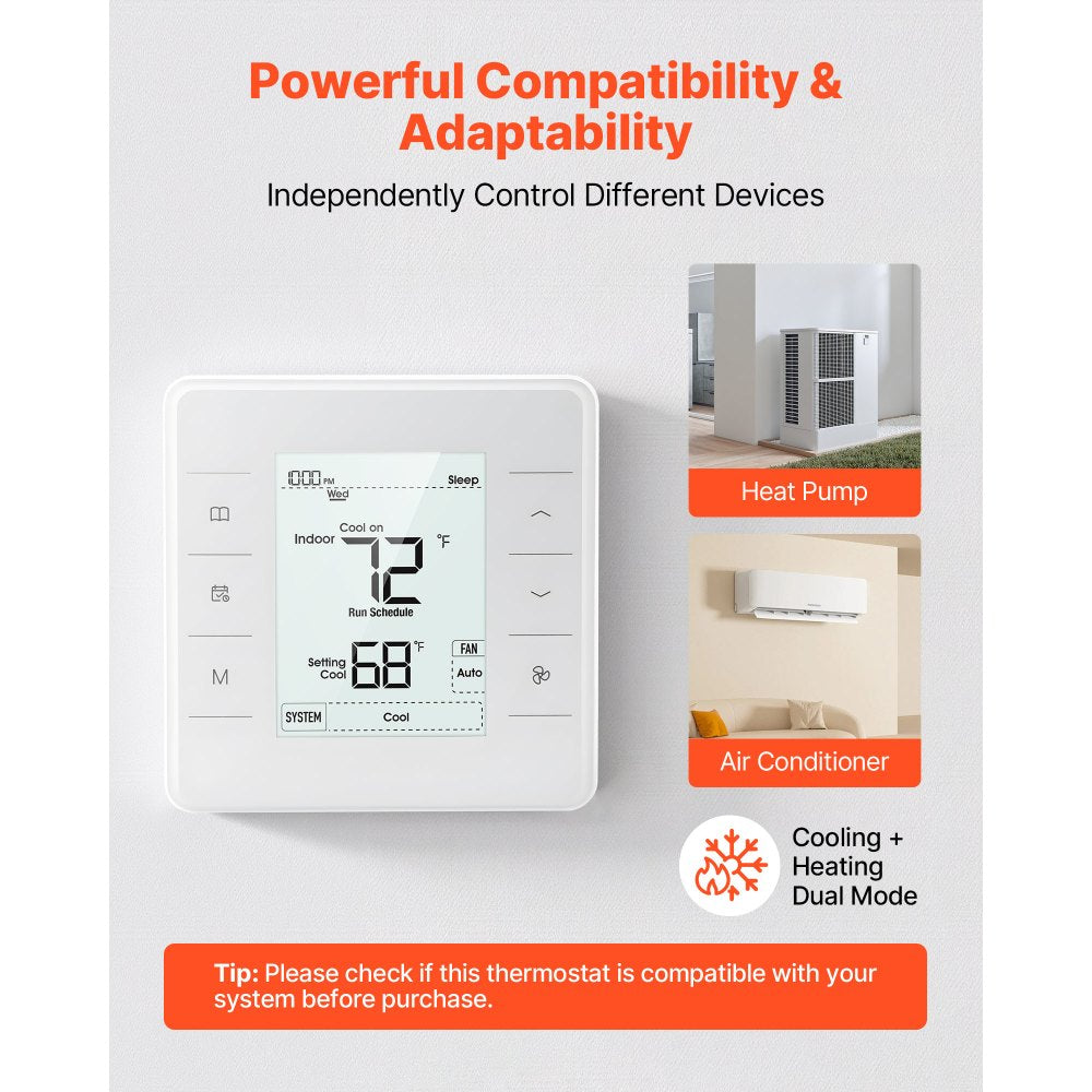 VEVOR 7-Day Programmable Thermostat, Home Thermostats for Heat Pump,Air Conditioner,Underfloor Heating, LED Screen with Backlight & 1Cool+1Heat,Energy-Efficient,Wide Temp Range,White