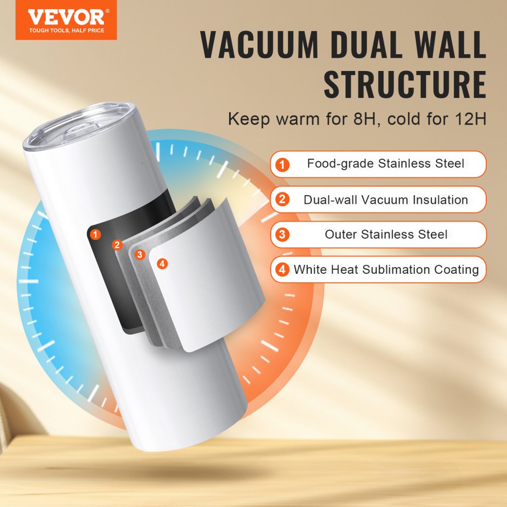 VEVOR 12 Pack Sublimation Tumblers 20oz Skinny Straight, Stainless Steel Sublimation Tumblers Blank, Stainless Steel Double Wall Tumbler for Heat Transfer Customized Gifts with Lid and Straw, Gift Box