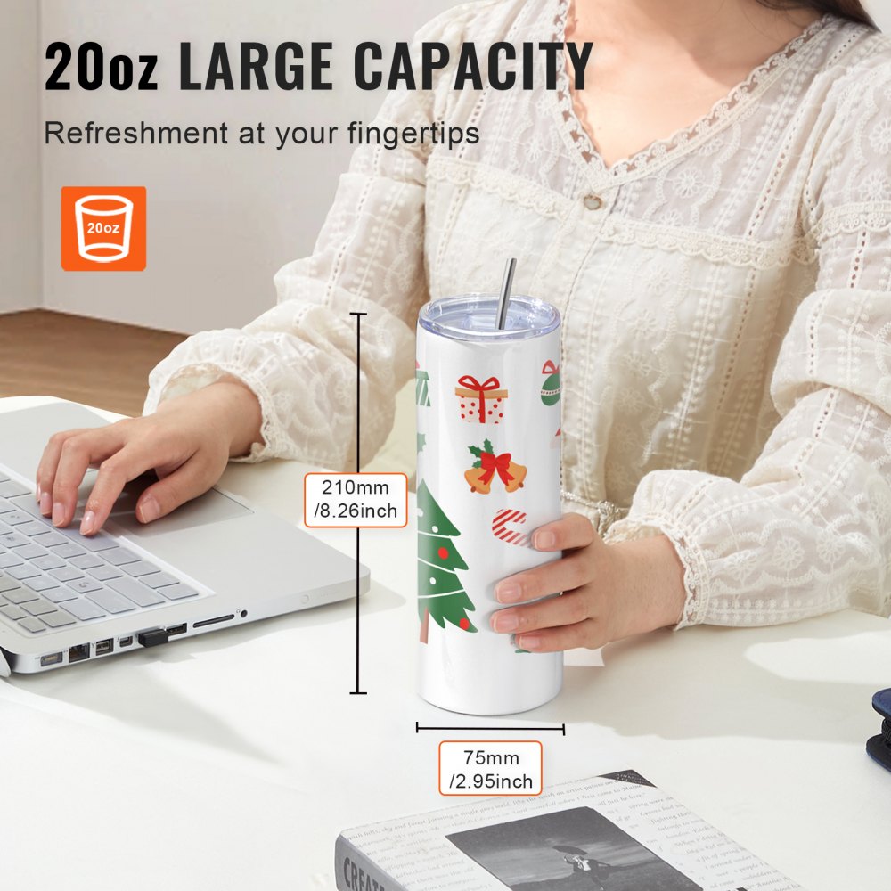 VEVOR 24 Pack Sublimation Tumblers 20oz Skinny Straight, Stainless Steel Sublimation Tumblers Blank, Stainless Steel Double Wall Tumbler for Heat Transfer Customized Gifts with Lid and Straw, Gift Box