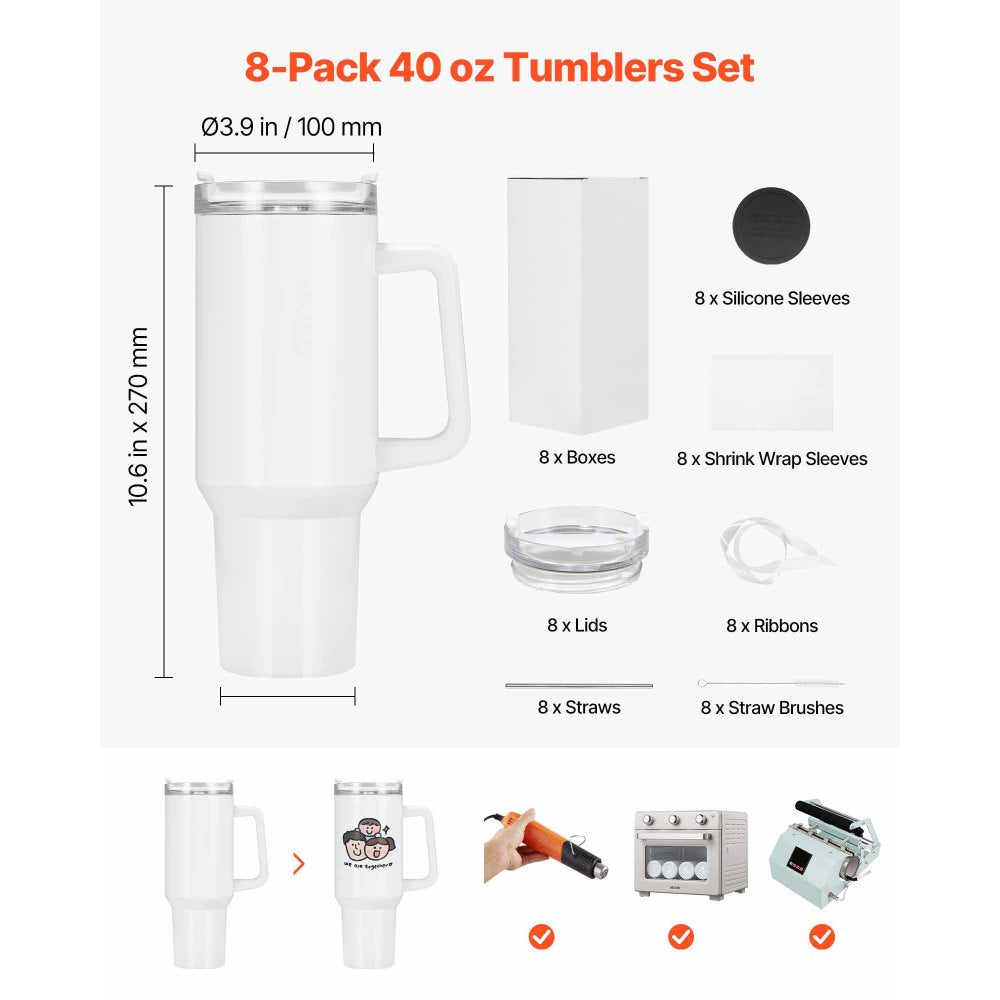 VEVOR Sublimation Tumblers, 8 Pack, 40 oz Tumblers Bulk with Handle, Stainless Steel Sublimation Cups with Lids and Straws, Double Wall Insulated Tumbler Blank, for DIY Personalized Customization