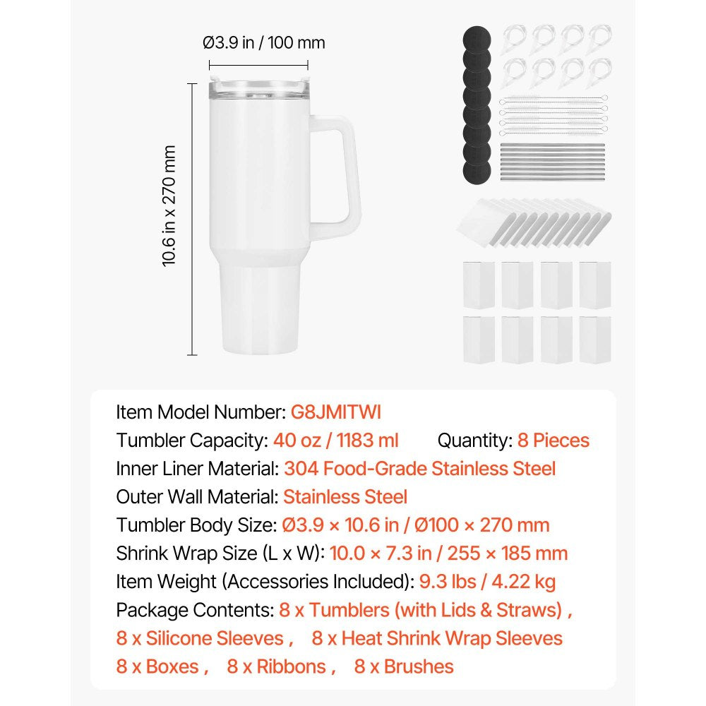 VEVOR Sublimation Tumblers, 8 Pack, 40 oz Tumblers Bulk with Handle, Stainless Steel Sublimation Cups with Lids and Straws, Double Wall Insulated Tumbler Blank, for DIY Personalized Customization