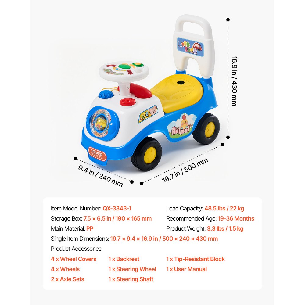 VEVOR Ride On Push Car for Toddlers Ages 19+ Months Sit-to-Stand Ride Toy, Kids Ride On Car for Boys & Girls, Music Steering Wheel, Horn, Under-Seat Storage, Detachable Back, Indoor & Outdoor Play