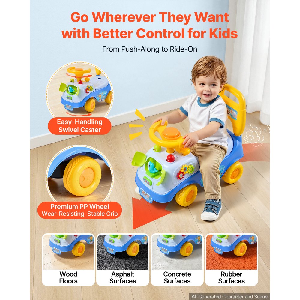 VEVOR Ride On Push Car for Toddlers Ages 19+ Months Sit-to-Stand Ride Toy, Kids Ride On Car for Boys Girls, Music Steering Wheel, Horn, Under-Seat Storage, Detachable Back, Indoor Outdoor Play, Blue