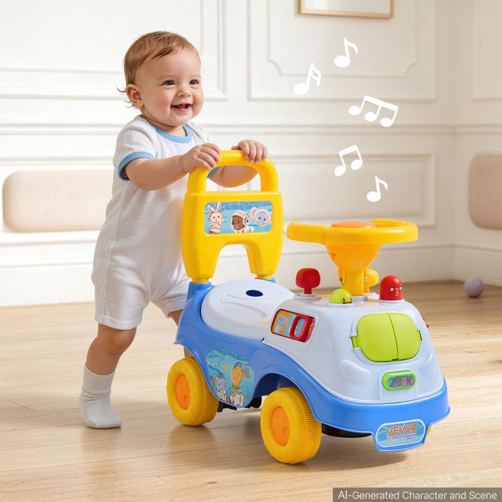 VEVOR Ride On Push Car for Toddlers Ages 19+ Months Sit-to-Stand Ride Toy, Kids Ride On Car for Boys Girls, Music Steering Wheel, Horn, Under-Seat Storage, Detachable Back, Indoor Outdoor Play, Blue