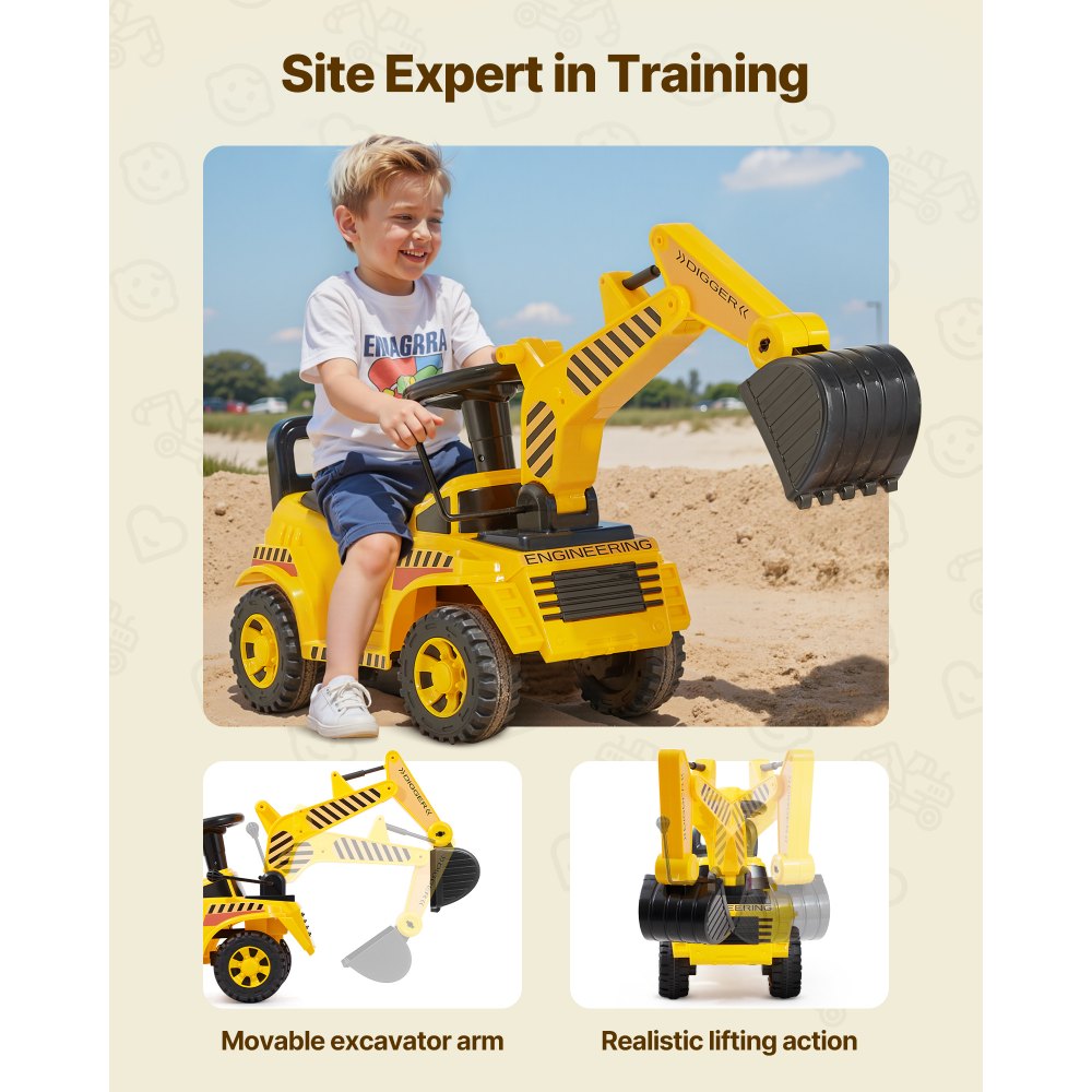 VEVOR Ride On Toddler Car, Push Car for Toddler 19 to 36 Months, Excavator Digger Toy with Helmet & Music, 55 lbs Load Capacity, Foot-to-Floor Walker for Kids, Yellow