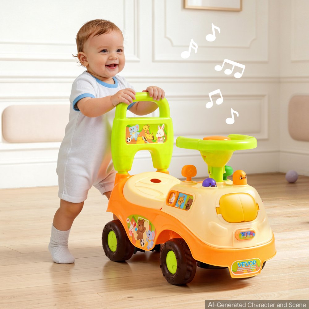VEVOR Ride On Push Car for Toddlers Ages 19+ Months Sit-to-Stand Ride Toy, Kids Ride On Car for Boys Girls, Music Steering Wheel, Horn, Under-Seat Storage, Detachable Back,Indoor Outdoor Play,Yellow