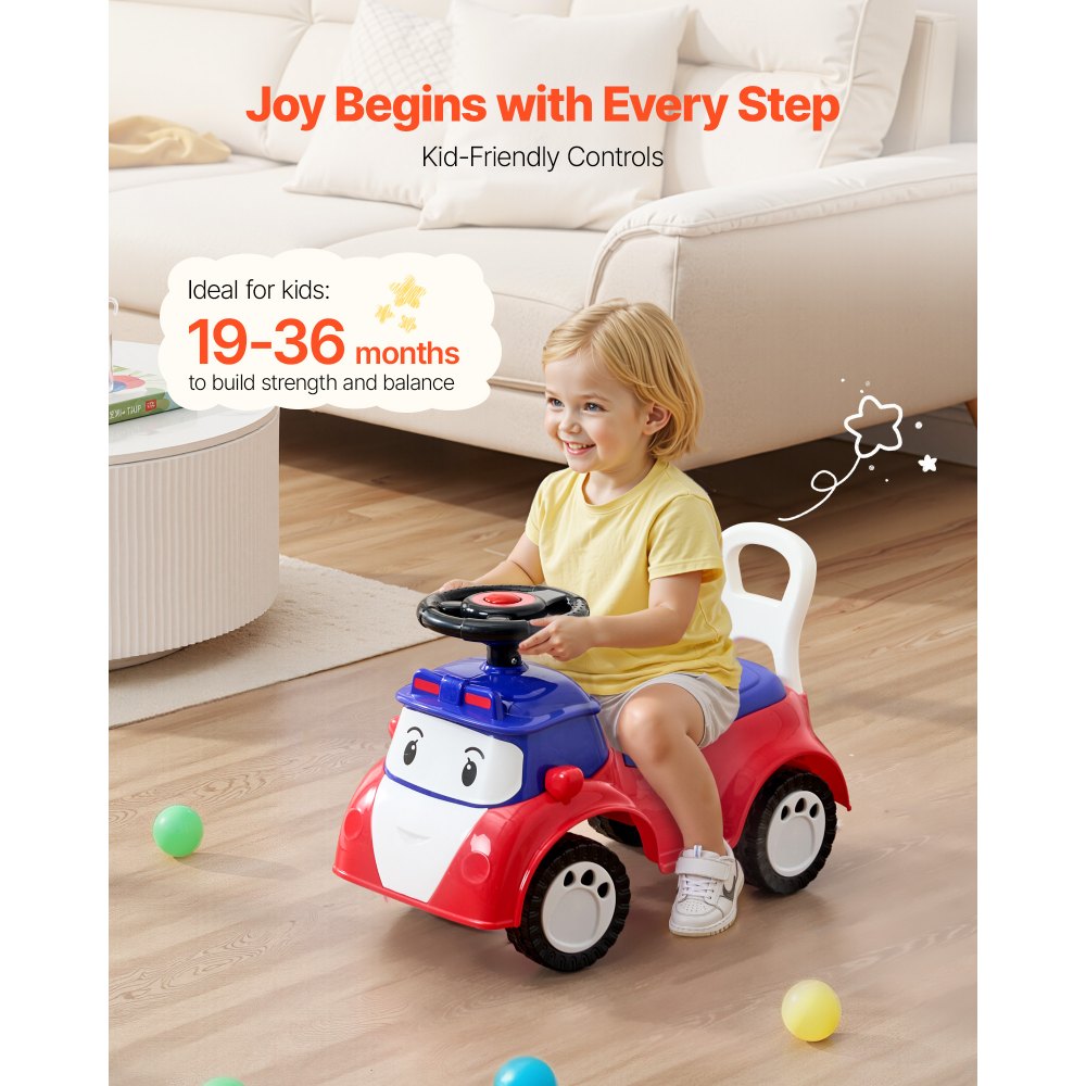 VEVOR Ride On Toddler Push Car, Push Car for Toddler 19 to 36 Months, Kids Ride On Toy with Music & Under-seat Storage, 55 lbs Load Capacity, Foot-to-Floor Walker for Toddlers Boys Girls, Red