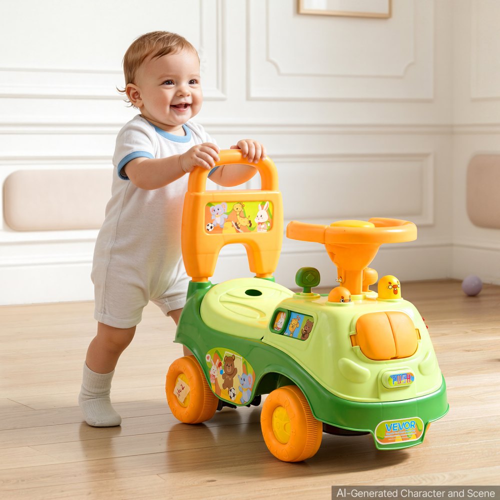 VEVOR Ride On Push Car for Toddlers Ages 19+ Months Sit-to-Stand Ride Toy, Kids Ride On Car for Boys Girls, Music Steering Wheel, Horn, Under-Seat Storage, Detachable Back, Indoor Outdoor Play,Green