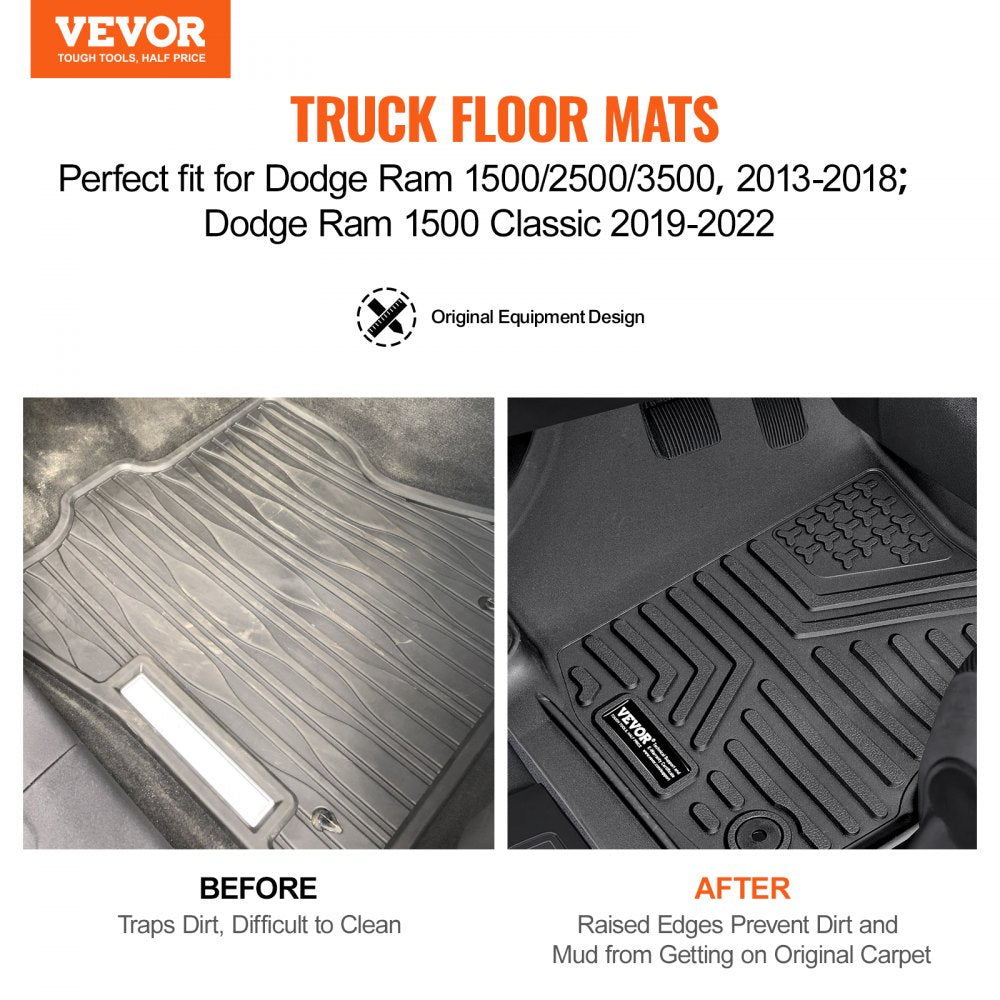SKYSHALO Truck Floor Liners, Fits Dodge Ram 1500/2500/3500 & 1500 Classic 2013-2018/2019-2022(Crew Cab Only), Include 3 Front & Second Row Mats, Weather-Resistant TPE Custom Fit Mats for Pickup, Black