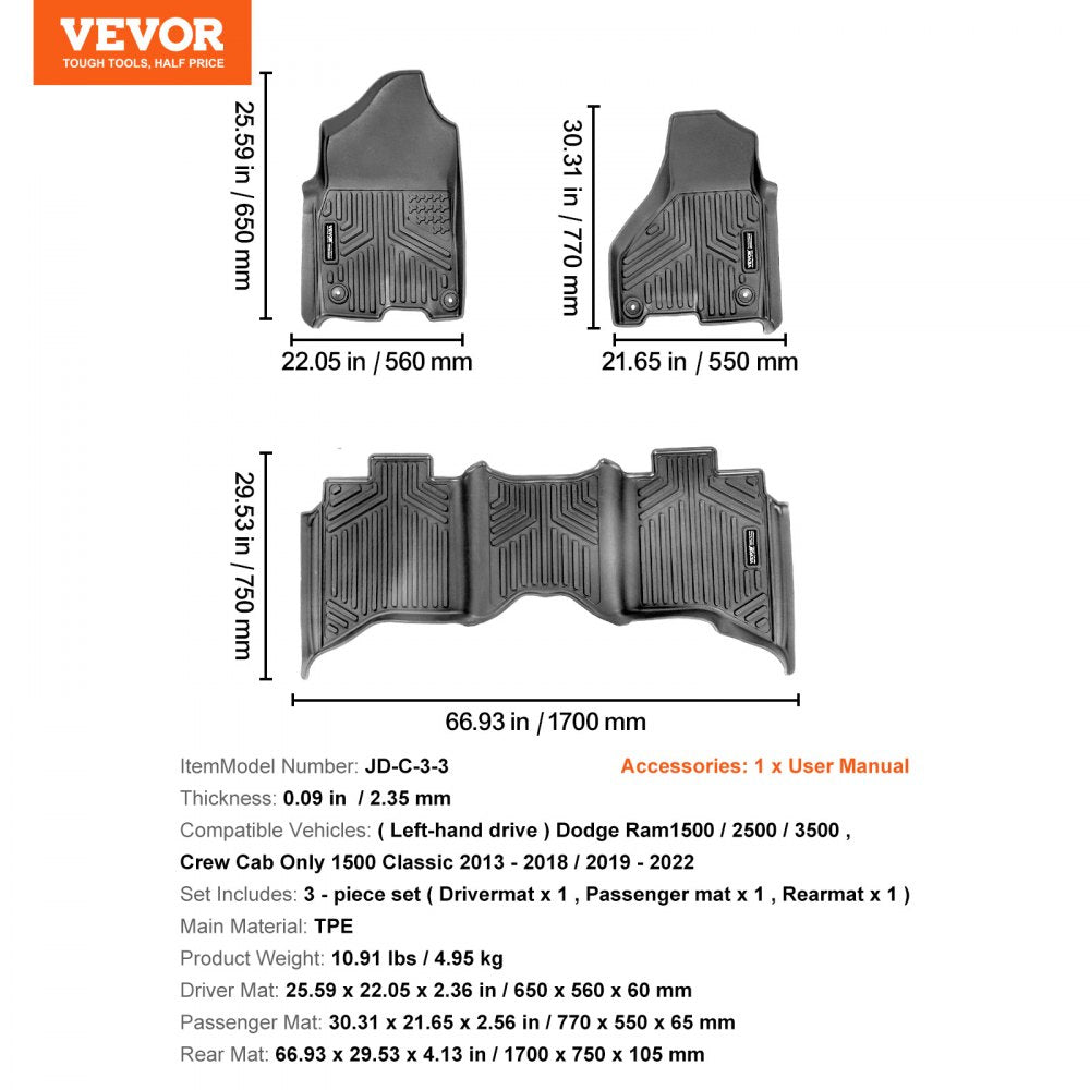 SKYSHALO Truck Floor Liners, Fits Dodge Ram 1500/2500/3500 & 1500 Classic 2013-2018/2019-2022(Crew Cab Only), Include 3 Front & Second Row Mats, Weather-Resistant TPE Custom Fit Mats for Pickup, Black