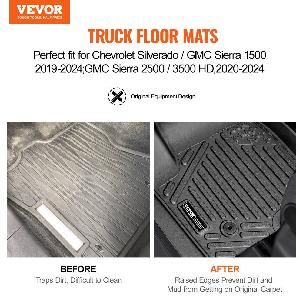 VEVOR Automotive Floor Mats, Fits for Chevrolet Silverado/GMC Sierra 1500, 2500/3500 HD 2019-2024/2020-2024, 3 pcs Front and 2nd Row Liners, All Weather Custom Fit TPE Vehicle Floor Mats, Black