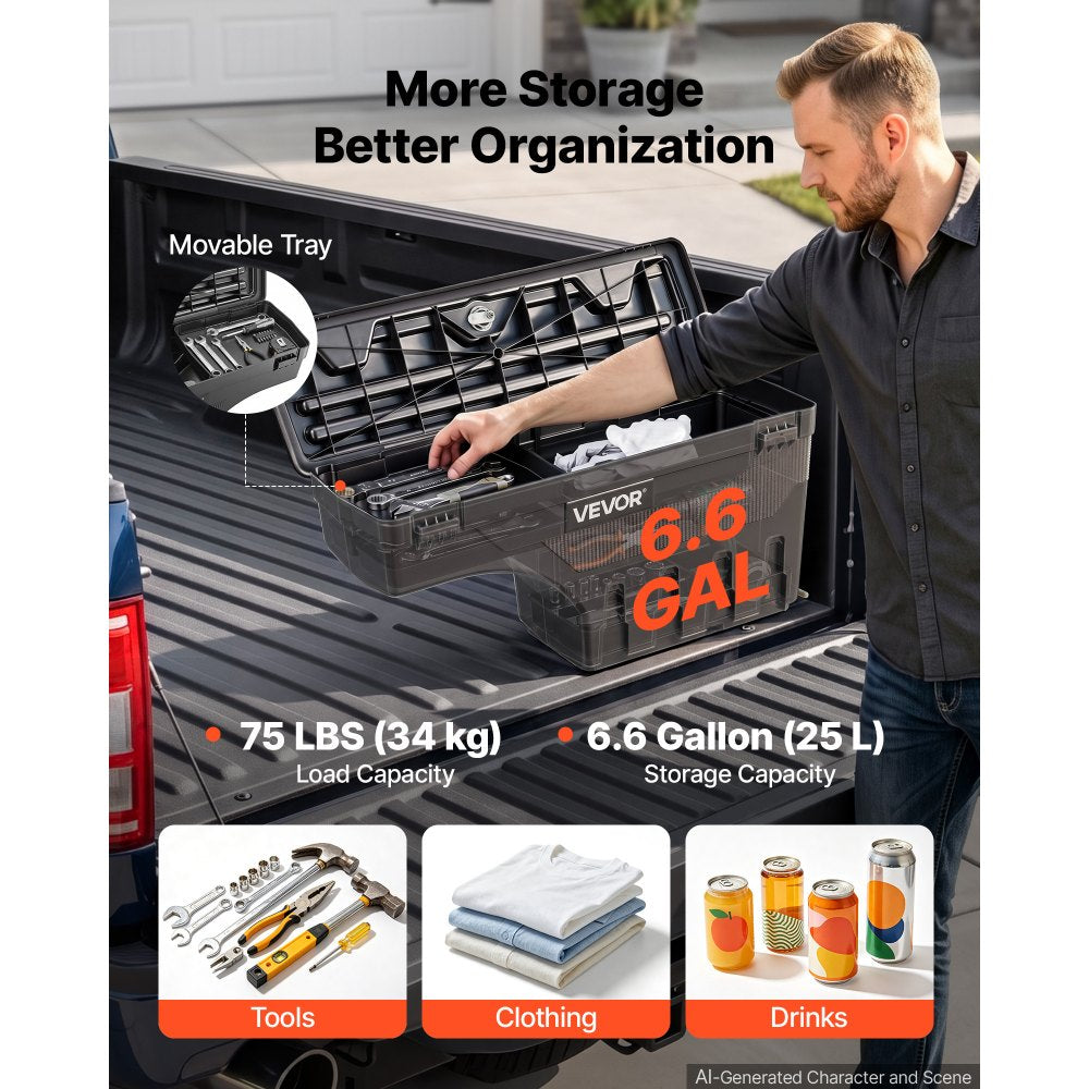 VEVOR Truck Bed Storage Box, 6.6 Gal/25 L Waterproof ABS Wheel Well Tool Box with Anti-Theft Combination Lock, Compatible with 2019-2023 Dodge Ram 1500 , Passenger Side Right (Drilling Required)
