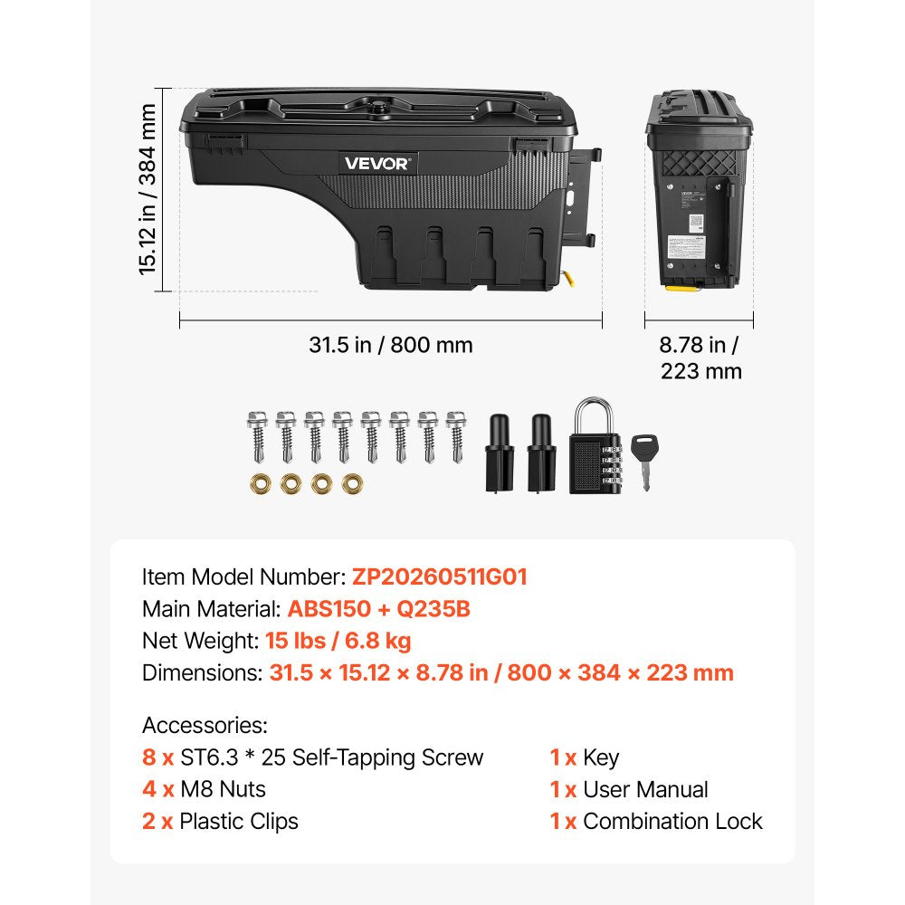 VEVOR Truck Bed Storage Box, 6.6 Gal/25 L Waterproof ABS Wheel Well Tool Box with Anti-Theft Combination Lock, Compatible with 1997-2014 Ford F-150, Passenger Side Right (Drilling Required)